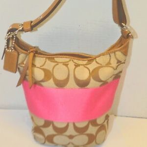 Coach Signature Stripe Tan Pink Rugby Duffle Bucket